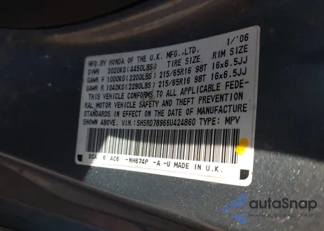 2006 Honda Cr-V Se из США, поврежденный, VIN SHSRD78966U424860